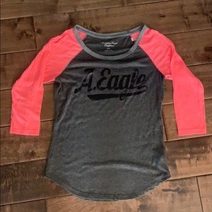 AMERICAN EAGLE PINK AND GREY BASEBALL TEE